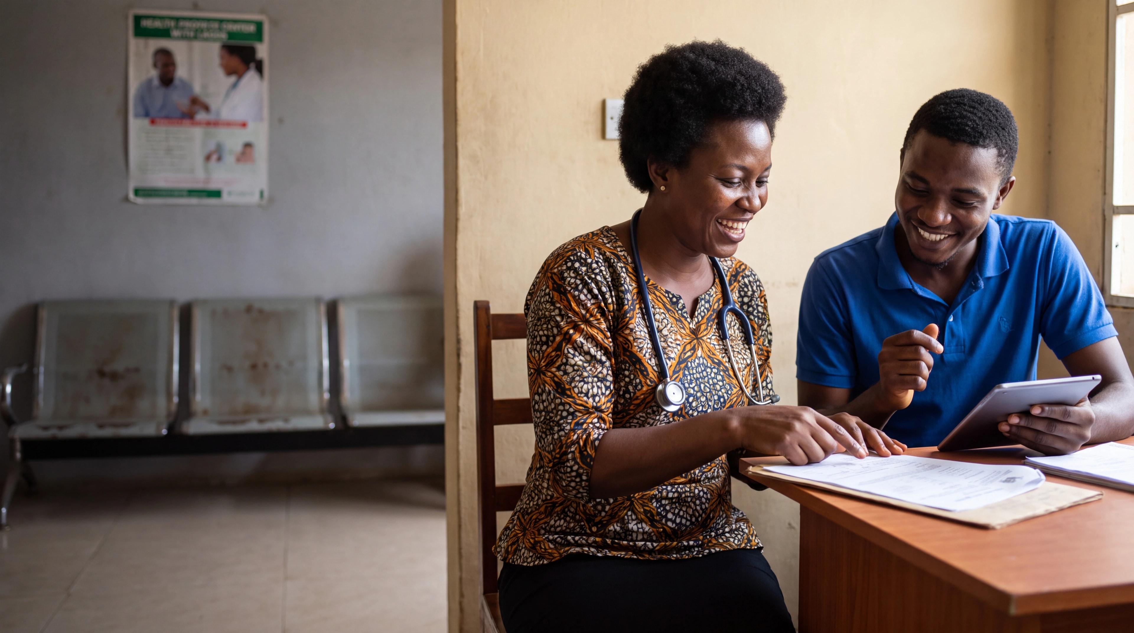 Senior physician reviewing a care plan with a care coordinator