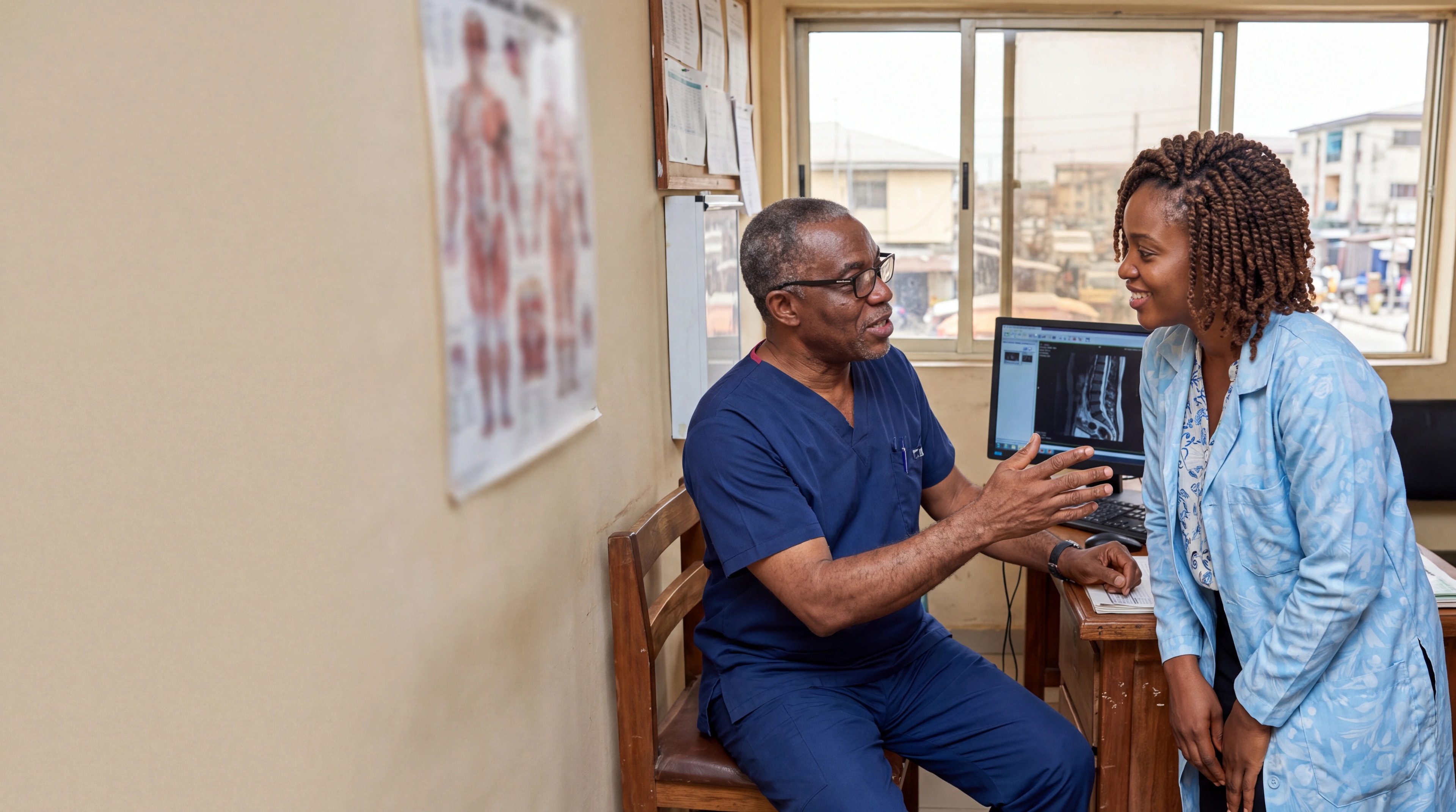 Two healthcare practitioners discussing professional care in a hospital